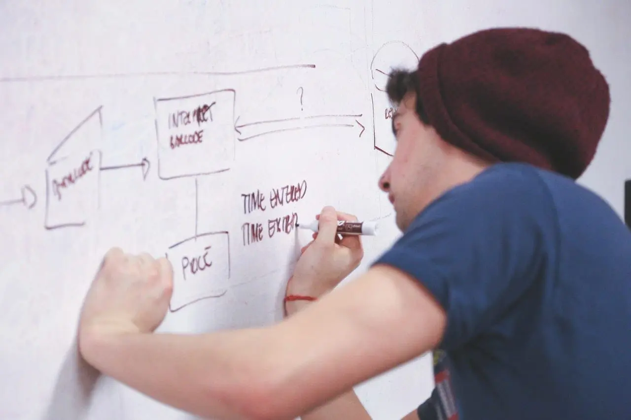 Young man writing on whiteboard